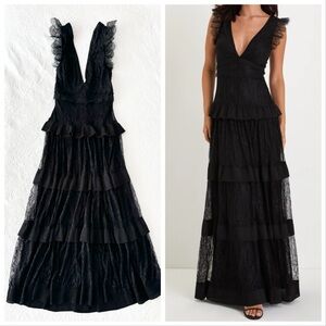 NWOT Lulus Marvelous Darling Black Lace Ruffled Tiered Maxi Dress Small